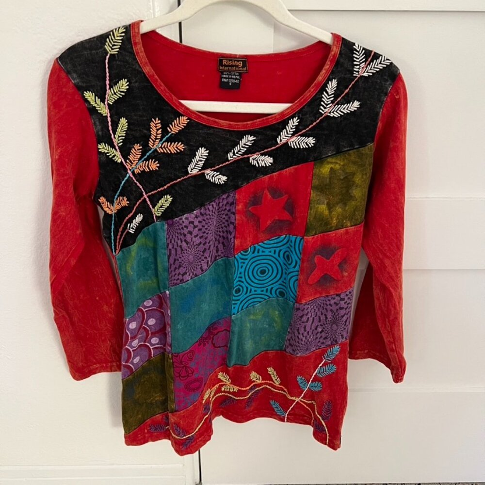 Rising International Colorful Boho Hippie Embroidered Star Patchwork Y2k Top